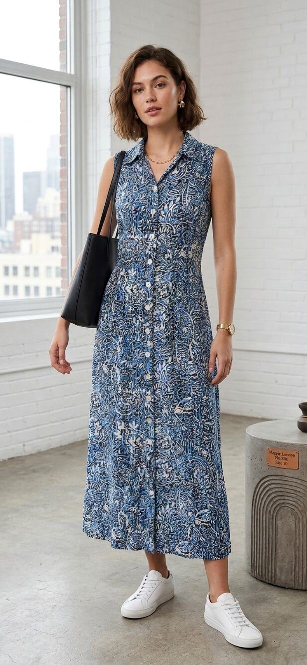 Vintage 90s Maggy London 100% Silk Maxi Shirt Dress Blue Abstract Print Size 10